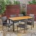 Kailani Outdoor 7 Piece Acacia Wood Dining Set with Stacking Wicker Chairs Teak Gray