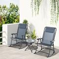 Outsunny 3 Piece Folding Rocking Chair Patio Dining Table Set with 2 Rocking Chairs & a Round Coffee Table Grey