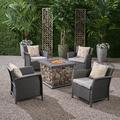 Anton Outdoor 5 Piece Wicker Chat Set with Cushions and Stone Finished Fire Pit Gray Silver Stone
