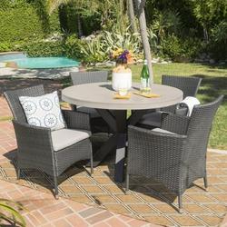 Sanibel Outdoor 5 Piece Grey Wicker Dining Set with Cushions White Silver