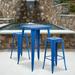 Emma + Oliver Commercial 23.75SQ Blue Metal Indoor-Outdoor Bar Table Set-2 Backless Stools