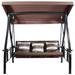Sunnydaze Deluxe 3-Person Patio Swing with Canopy and Side Tables - Brown Stripe with Black Frame