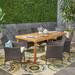 Jack Outdoor 7 Piece Acacia Wood Dining Set with Wicker Chairs and Cushions Sandblast Natural Multi Brown Beige