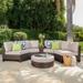 Sinclair 6 Piece Outdoor Wicker 1/2 Round Seating Set with Cushions and Ice Bucket Ottoman Brown Beige