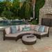 Sinclair 5 Piece Outdoor Wicker 1/2 round Seating Set with Cushions and Ice Bucket Ottoman Brown Beige