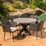 Outdoor 5 Piece Wicker Dining Set with Light Weight Concrete Table and Cushions Beige Multibrown