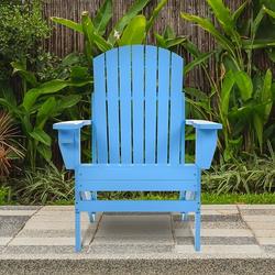 Outsunny Wooden Adirondack Chair Outdoor Patio Lawn Chair with Cup Holder Weather Resistant Lawn Furniture Classic Lounge for Deck Garden Backyard Fire Pit Blue