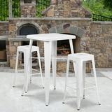 Emma + Oliver Commercial 23.75SQ White Metal Indoor-Outdoor Bar Table Set-2 Backless Stools