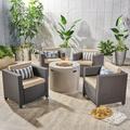 Eve Outdoor 5 Piece Wicker Club Chair Set with cushions and Round Fire Pit Dark Brown Beige Light Gray