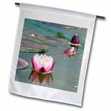 3dRose Pink water lily - pretty waterlily aquatic flower photography - pond flowers buds lilypad - lilypads - Garden Flag 18 by 27-inch