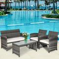 Costway 4PCS Patio Rattan Furniture Set Conversation Glass Table Top Cushioned Sofa White