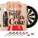 Coke Dart Cabinet Set with Darts and Board - Coca-Cola Things Go Better with Coke Bottle Art