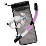 IST Compact Snorkeling Combo Set: Shatterproof Mask Semi Dry Top Snorkel & Travel Mesh Drawstring Bag (Clear Silicone/Purple Regular)