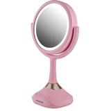 OVENTE 6 Lighted Round Vanity Mirror Table Top 360 Degree Spinning 1X 5X Magnifier MP3 Audio Baby Pink MRT06P1X5X