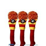 Majek #2 3 4 Hybrid Combo Pack Rescue Utility Red & Yellow Golf Headcover Knit Pom Pom Retro Classic Vintage Head Cover