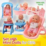 WolVolk Mini Baby Dolls Toy 6 Baby Dolls with Cradle High Chair Walker Swing Bathtub Infant Seat