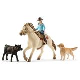 Schleich Farm World Western Riding Horse Toy Playset with Realistic 7 Tall Cowgirl Doll Horse Dog & Calf Kids Toys for Ages 3-8 Years Old