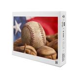 Vintage Baseball Glove and Ball with American Flag Photography A-89905 (1000 Piece Puzzle Size 19x27 Challenging Jigsaw Puzzle for Adults and Family Made in USA)