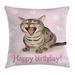 Birthday Decorations Throw Pillow Cushion Cover Funny Cat Sings a Greeting Song Pink Backdrop with Hearts Flowers Decorative Square Accent Pillow Case 20 X 20 Inches Baby Pink Brown by Ambesonne