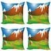 Landscape Throw Pillow Cushion Case Pack of 4 Digitally Generated Cartoon Country Outdoor Scene with House Mountains Field Modern Accent Double-Sided Print 4 Sizes Multicolor by Ambesonne