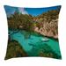 Nature Throw Pillow Cushion Cover Small Yacht Floating in Sea Majorca Spain Rocky Hills Forest Trees Scenic View Decorative Square Accent Pillow Case 24 X 24 Inches Green Aqua Blue by Ambesonne