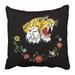 ARTJIA Black Face Tiger with Flowers Embroidery Green Patch Tattoo Head Japanese Old Anger Animal Pillowcase Pillow Cushion Cover 20x20 inch