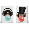 Smile Art Design Funny Monkeys DJ and Senior Animal Bubble Gum Art 2 PANEL CANVAS PRINT SET Red and Blue Chewing Gum Wall Art Home Decor Living Room Kids Room Nursery Ready to Hang Made in USA 22x15