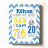 Personalized Canvas Birth Announcement Nursery Decor Gift Sailboat Design Custom Name Date Weight & Length Unique Boys & Girls Baby Shower Wall Art Presents Color Blue Size - 24X30