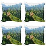Nature Throw Pillow Cushion Case Pack of 4 Idyllic Aerial View of Historical Construction Invasion Natural Scenery Modern Accent Double-Sided Print 4 Sizes Green by Ambesonne