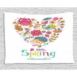 Hello Tapestry Doodle Style Hello Spring Quote Printed with Heart Shaped Frame of Animals Flowers Wall Hanging for Bedroom Living Room Dorm Decor 60W X 40L Inches Multicolor by Ambesonne