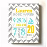 Personalized Canvas Birth Announcement Nursery Decor Gift Sailboat Design Custom Name Date Weight & Length Unique Boys & Girls Baby Shower Wall Art Presents Color Gray # 11 Size - 12X16