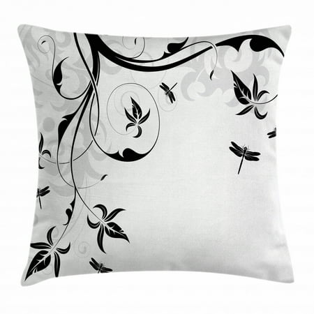 Dragonfly Throw Pillow Cushion Cover Swirled Floral Background with Damask Curl Branches and Leaves Print Decorative Square Accent Pillow Case 20 X 20 Inches Pale Grey Black White by Ambesonne