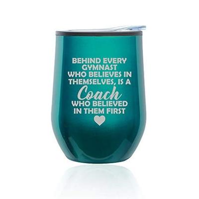 Teal 12 oz Double Wall Vacuum Insulated Stainless Steel Stemless Wine Tumbler Glass Coffee Travel Mug With Lid Gymnastics Coach Gift 