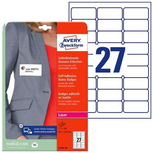 Selbstklebende Textilschild-Namensschilder 63,5 x 29,6 mm (L4784-20) weiß, Avery Zweckform, 6.35×2.96 cm