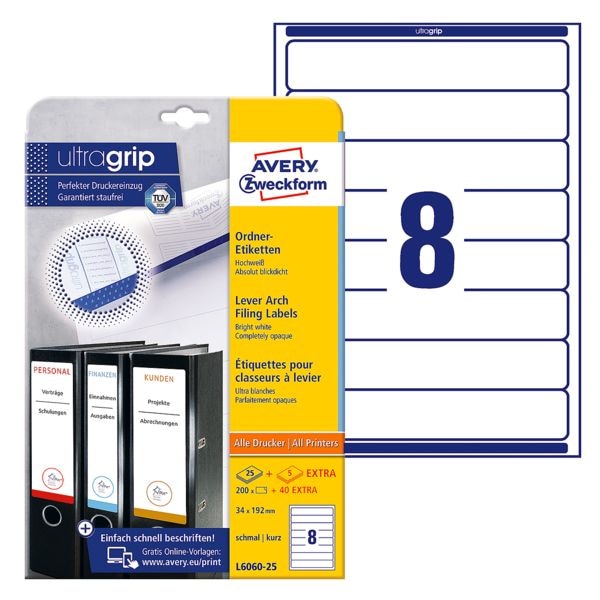 Avery Zweckform 20% AKTION: L6060-25 Ordneretiketten 34 x 192 mm - 240 Stück permanent haftend weiß, 5 cm Image