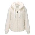 Geschallino Women's Soft Faux Fur Hooded Jacket, 2 Pockets Short Coat Outwear Warm Fluffy Fleece Tops for Winter, Spring, White, L