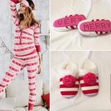 Victoria's Secret Intimates & Sleepwear | Bundle Set: Vs Christmas Jammies + Slippers | Color: Red/White | Size: Xs