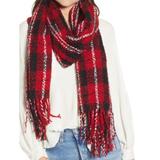 Free People Accessories | Free People Plaid Fringe Blanket Scarf Wrap | Color: Black/Red | Size: Os