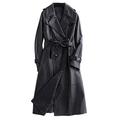 Black Long Leather Trench Coat Women's Long-Sleeved Belt Double-Breasted Style Soft Faux Leather Jacket Women's Leather and Suede