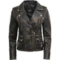 BRANDSLOCK Ladies Womens 100% Real Leather Biker Jacket Black Fitted Bikers Style Vintage Rock (L, Black Ruboff)