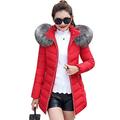 OMZIN Winter Jacket Women With Detachable Fur Hood Stylish Transition Jacket With Angled Zipper Closable Outer Pockets Warming Jacket Red L
