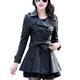 YAOTT Women Mid-Length Winter Coat Long Faux Leather Jacket Slim Fleece Lined Lapel PU Leather Trench Coat with Belt Black 3XL