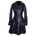 Caroline Black Ladies Women's Military Style Double Breasted Knee Length Designer Real Lambskin Leather Flare Trench Coat (Sizes: 8 to 22 Available) (Size: 20 = (Delivery Time 10 Days))