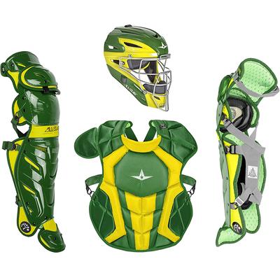 All Star System7 Axis NOCSAE Certified Two Tone Baseball Catcher's Gear Set - Ages 12-16 Dark Green/Gold