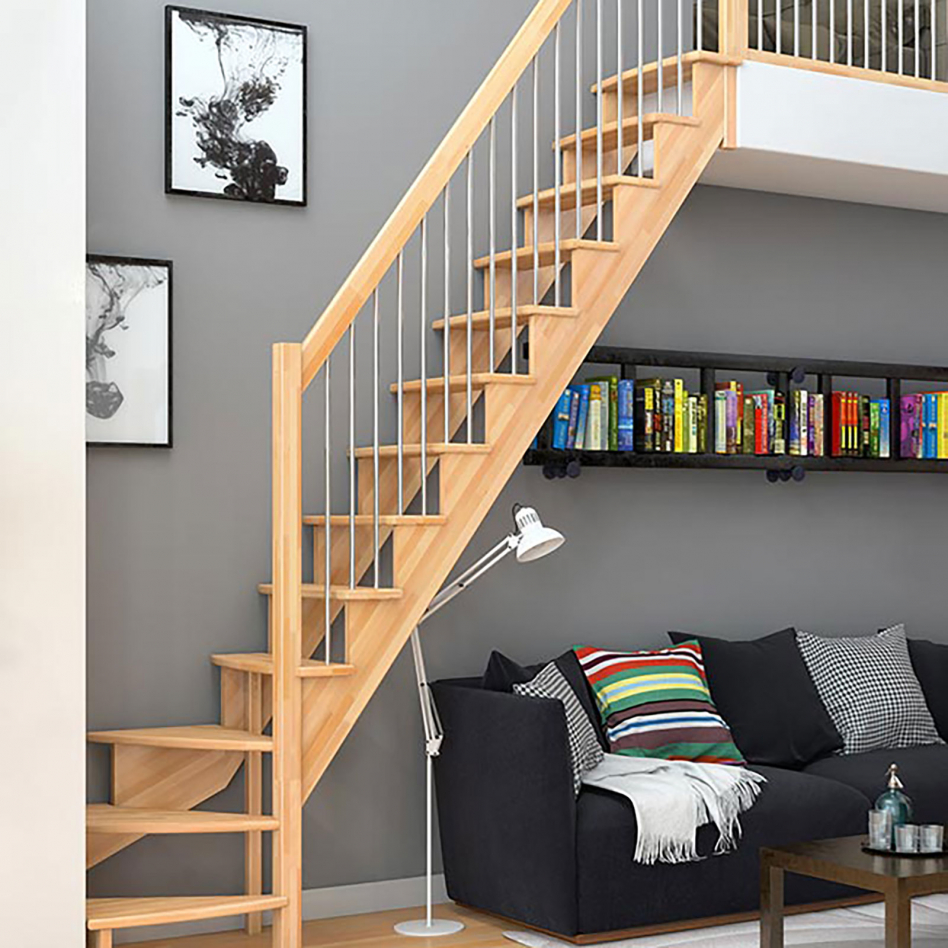 DOLLE Raumspartreppe Wangentreppe Lyon, 65 cm, 1/4 gewendelt,Buche,Metallstäbe rechts,unbehandelt Image