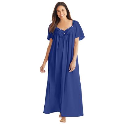 Plus Size Women's Long Silky Lace-Trim Gown by Only Necessities in Ultra Blue (Size 2X) Pajamas