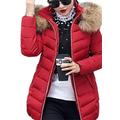 EFOFEI Women's Fashion Puffer Jackets Coats Fur Collar Hooded Down Jacket Hood Fur Faux Winter Jacket Dark red L