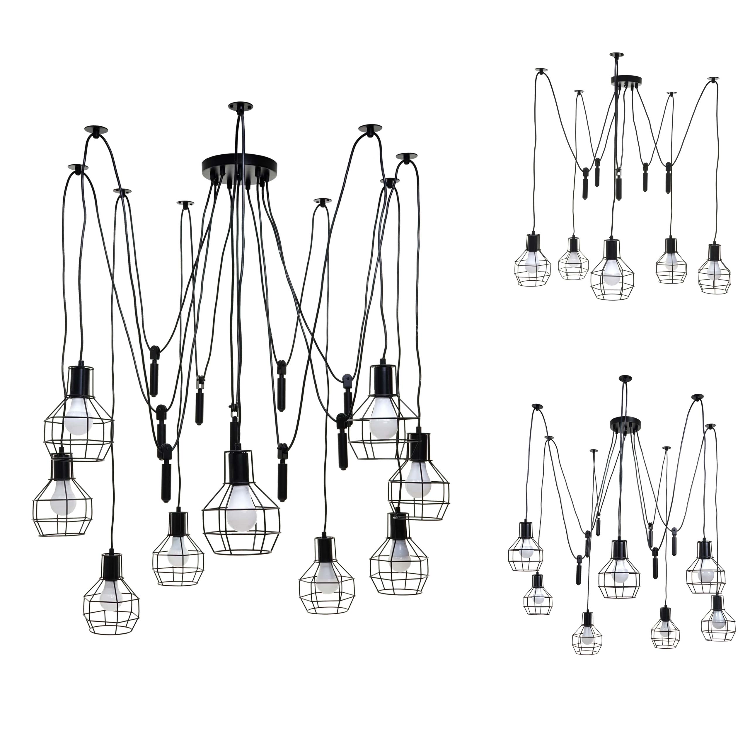 Pendelleuchte HWC-H85, Hängelampe Hängeleuchte, Industrial Metall höhenverstellbar schwarz ~ 9x Gitterlampenschirm Image