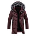 Mens Winter Parka Thick Warm Windproof Coat,Solid Hooded Fur Collar Jacket Male Long Overcoat Red M