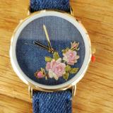 Anthropologie Accessories | Denim Watch Floral Face Gold Hardware | Color: Blue/Gold | Size: Os